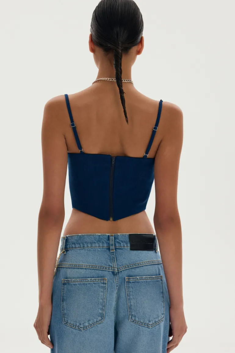 Tops<CULT MIA LOWELL CORSET IN DARK DENIM AND ZEBRA Blue