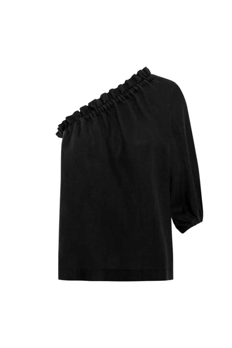 Tops<CULT MIA LUNA LINEN ONE-SLEEVE TOP Black