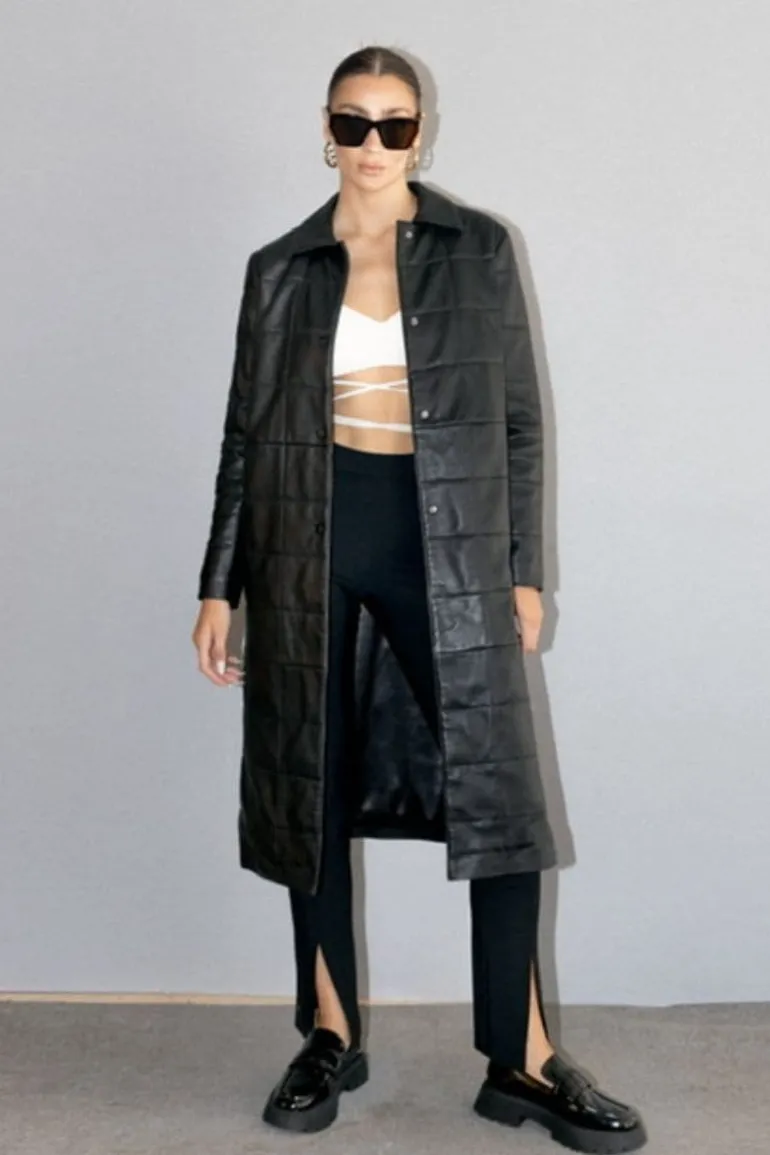 Coats<CULT MIA MAPLE LONG LEATHER COAT Black