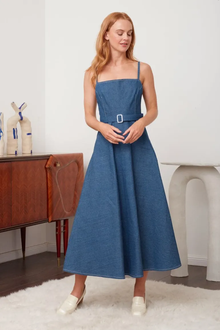 Dresses | Midi Dresses<CULT MIA MATISSA DENIM RETRO CIRCLE SKIRT MIDI DRESS Blue