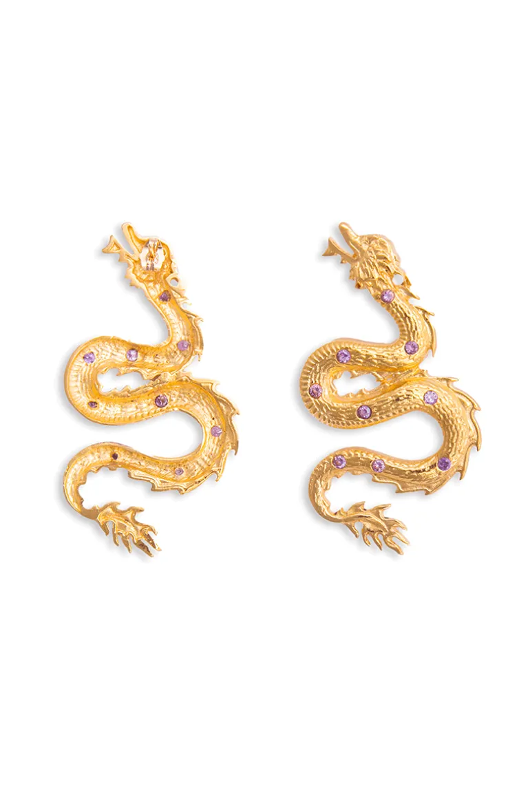 Earrings<CULT MIA MEDIUM DRAGON EARRINGS WITH LILAC CRYSTAL STONES Gold