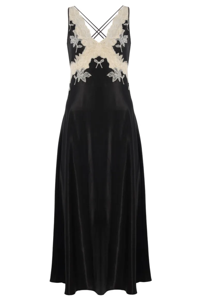 Sleep & Loungewear<CULT MIA MELANIE LONG SILK SATIN TRIMMED NIGHTGOWN Black