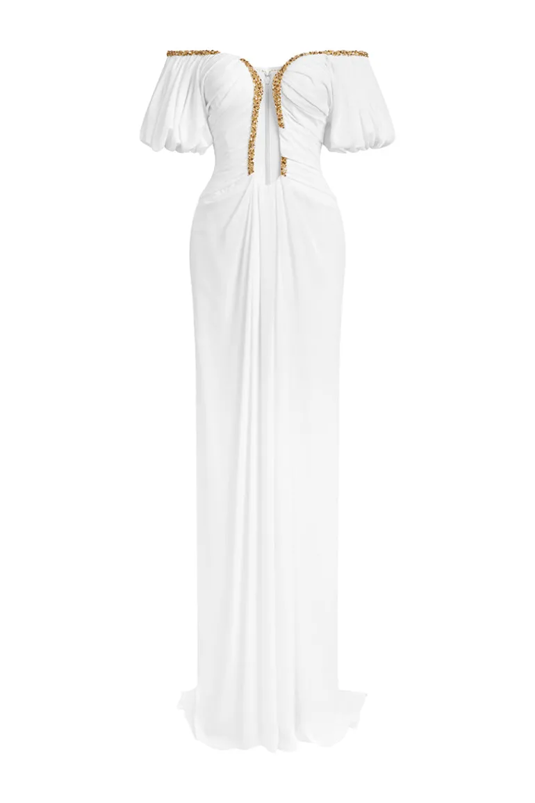 Dresses | Gowns<CULT MIA MIGUEL DRAPED BEADED LONG GOWN White