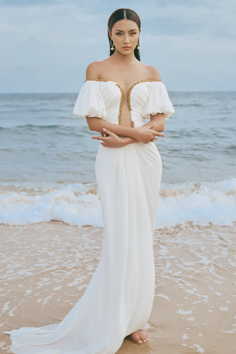 Dresses | Gowns<CULT MIA MIGUEL DRAPED BEADED LONG GOWN White