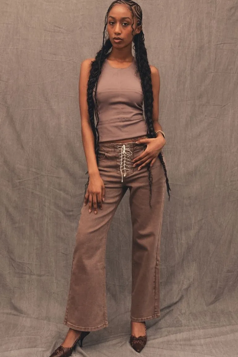 Pants<CULT MIA MIKEY BROWN LACE UP JEANS Greenwich Ave.