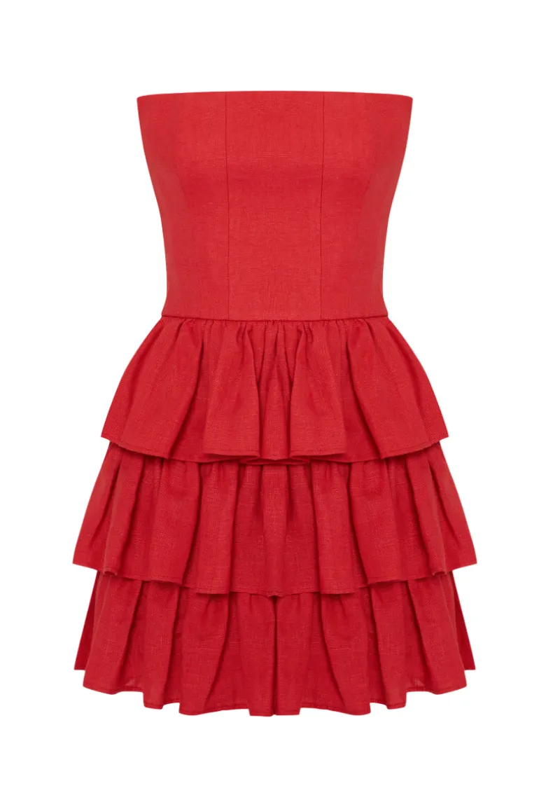 Dresses | Mini Dresses<CULT MIA MILA STRAPLESS LINEN RUFFLE MINI DRESS Goji Red