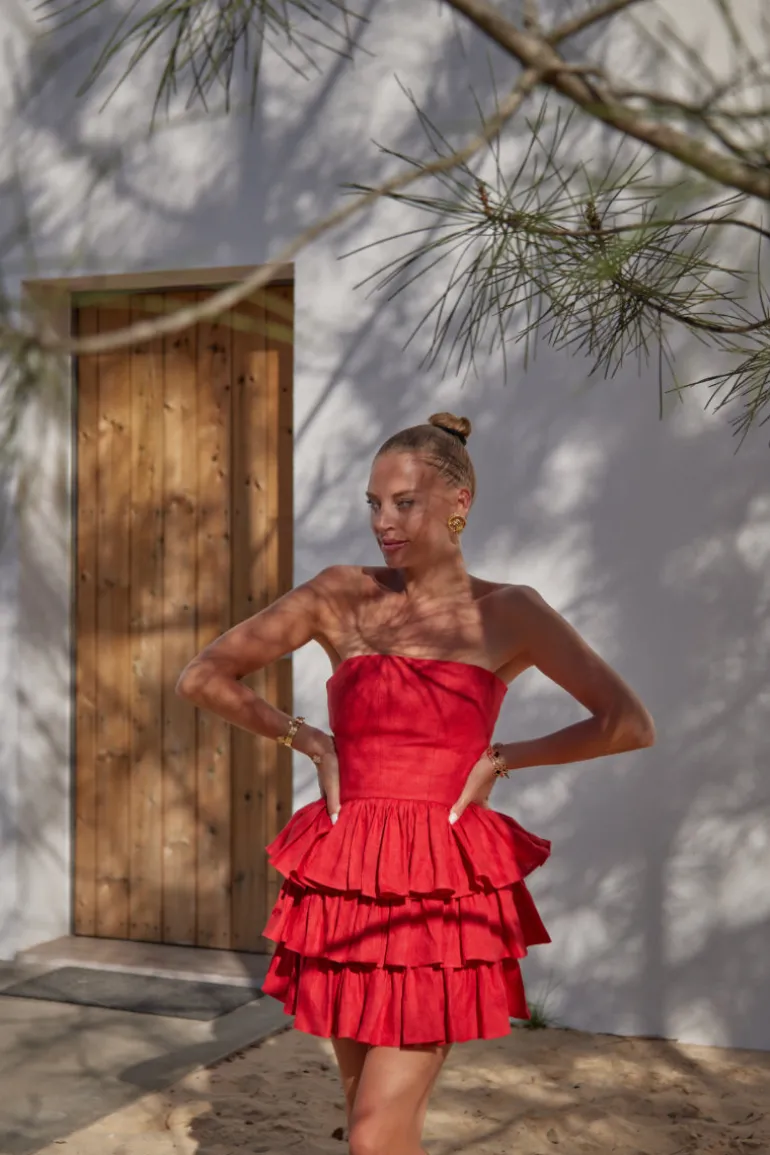 Dresses | Mini Dresses<CULT MIA MILA STRAPLESS LINEN RUFFLE MINI DRESS Goji Red