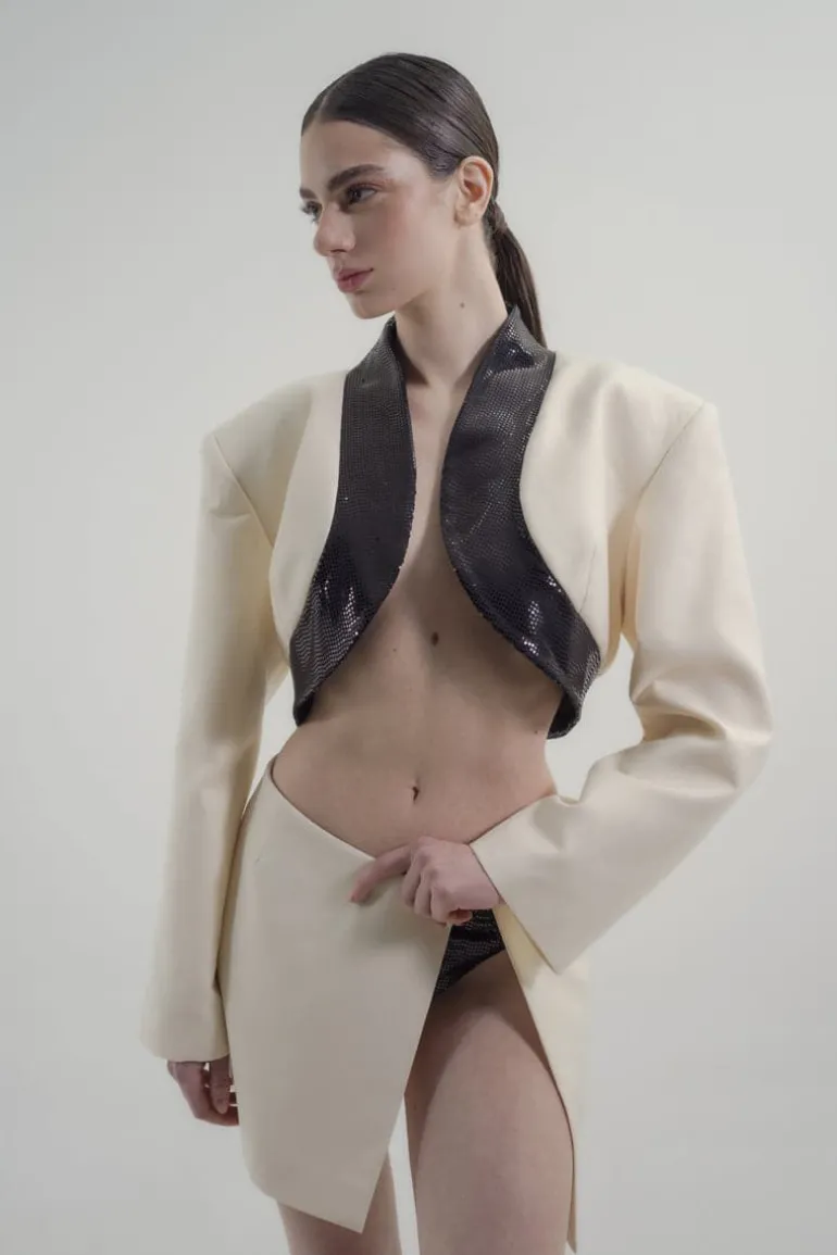 Knitwear<CULT MIA MILKY BOLERO WITH BLACK SEQUIN DETAILS Milky White