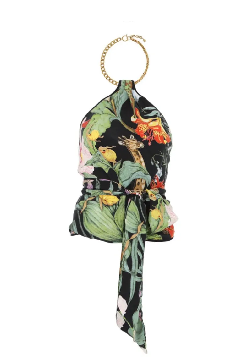 Tops<CULT MIA MONROE PRINTED VEGAN SILK HALTER TOP Multicolor