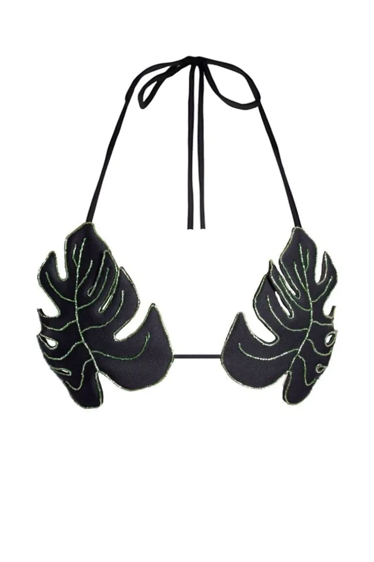 Tops<CULT MIA MONSTERA PLANT EMBROIDERED BRA TOP Green