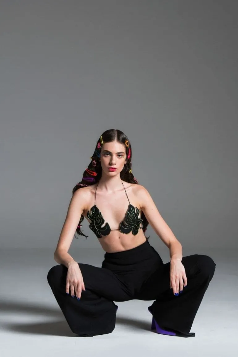 Tops<CULT MIA MONSTERA PLANT EMBROIDERED BRA TOP Green