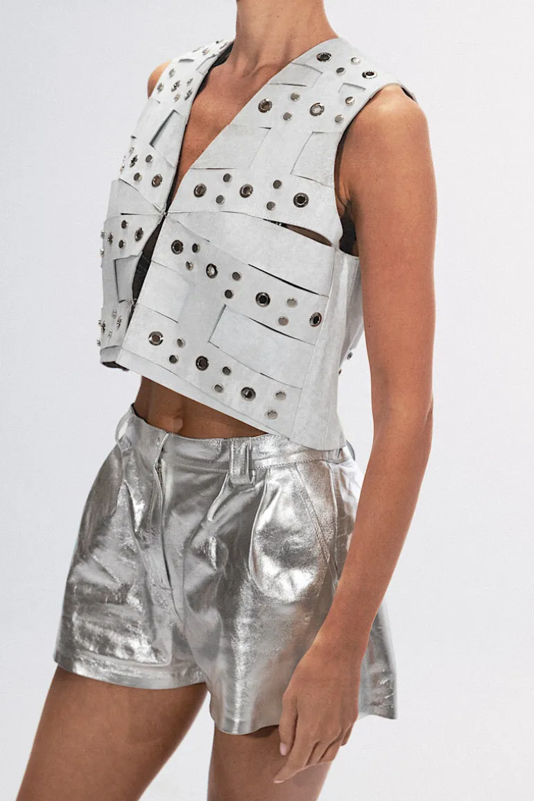 Pants<CULT MIA MOONBOW LEATHER SHORTS Silver
