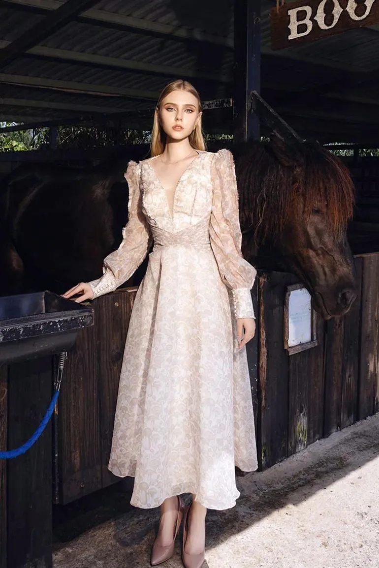 Dresses | Midi Dresses<CULT MIA MUSHROOM MIDI DRESS WITH FEATHER ON HAND Gardenia
