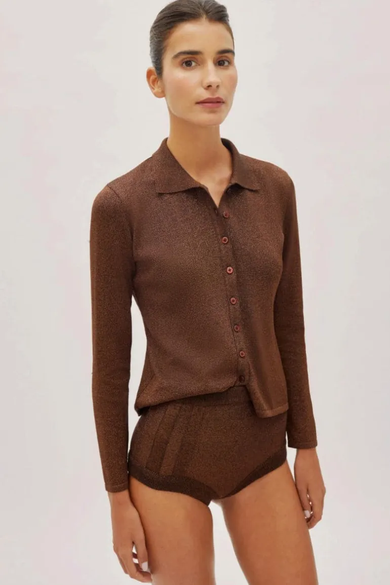 Tops<CULT MIA NINA SPARKLE BUTTON UP SHIRT Chocolate