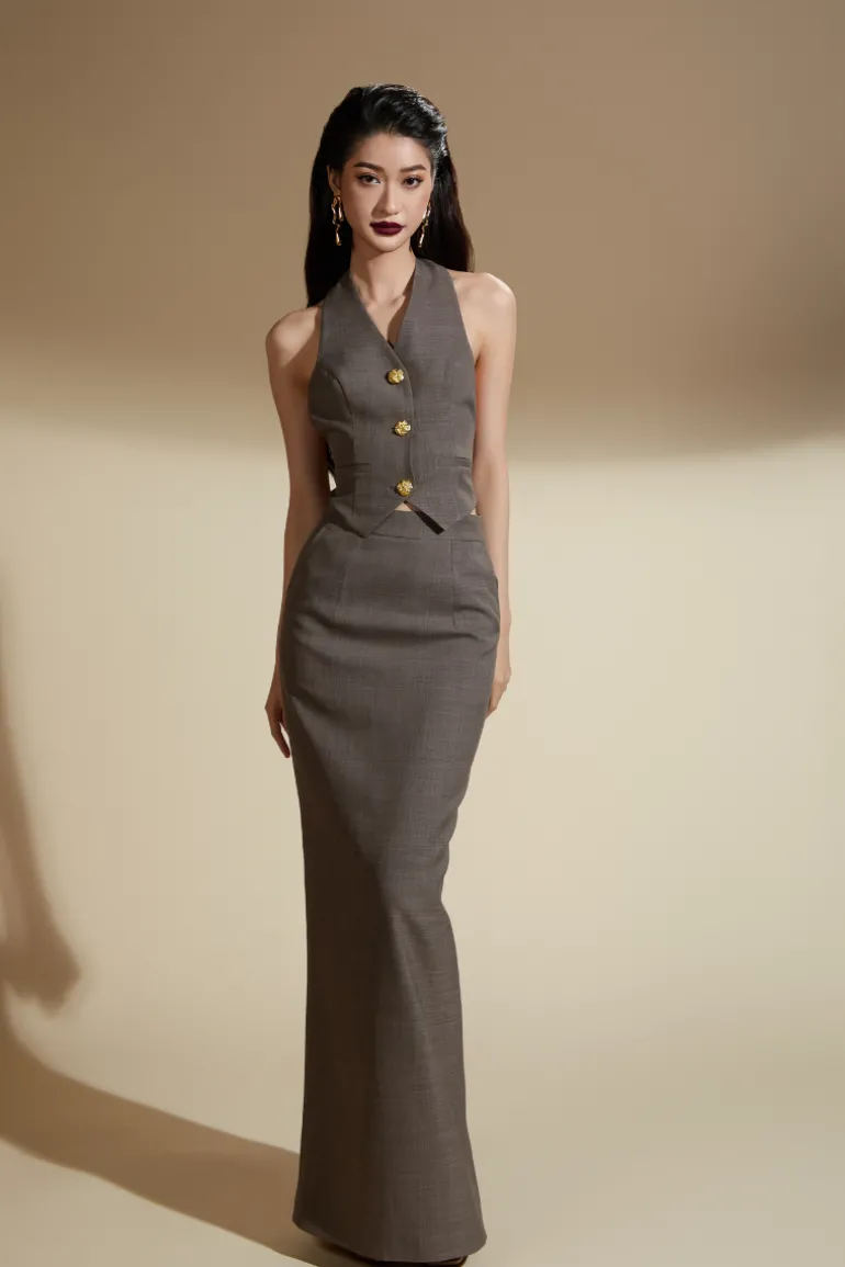 Outfit Sets<CULT MIA NORA HALTER BACKLESS COTTON VEST AND SKIRT SET Gray