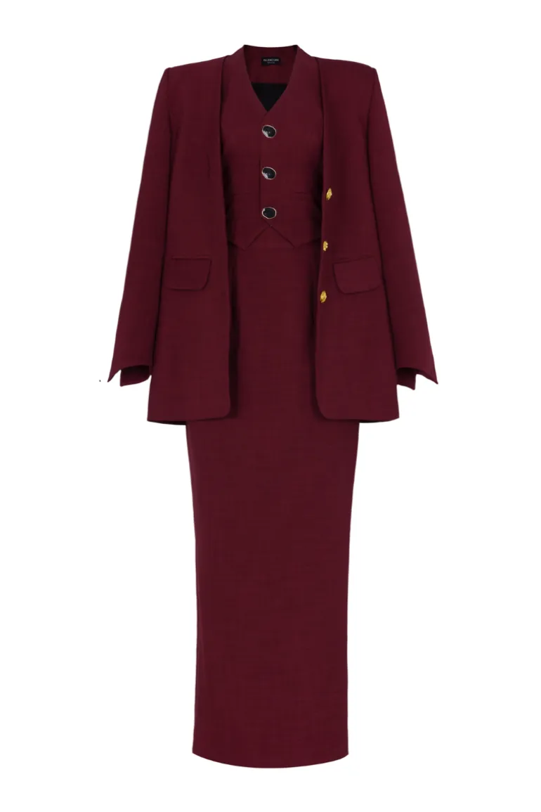 Outfit Sets<CULT MIA NORA STRAIGHT LAPELLESS COTTON BLEND VEST AND SKIRT SET Red