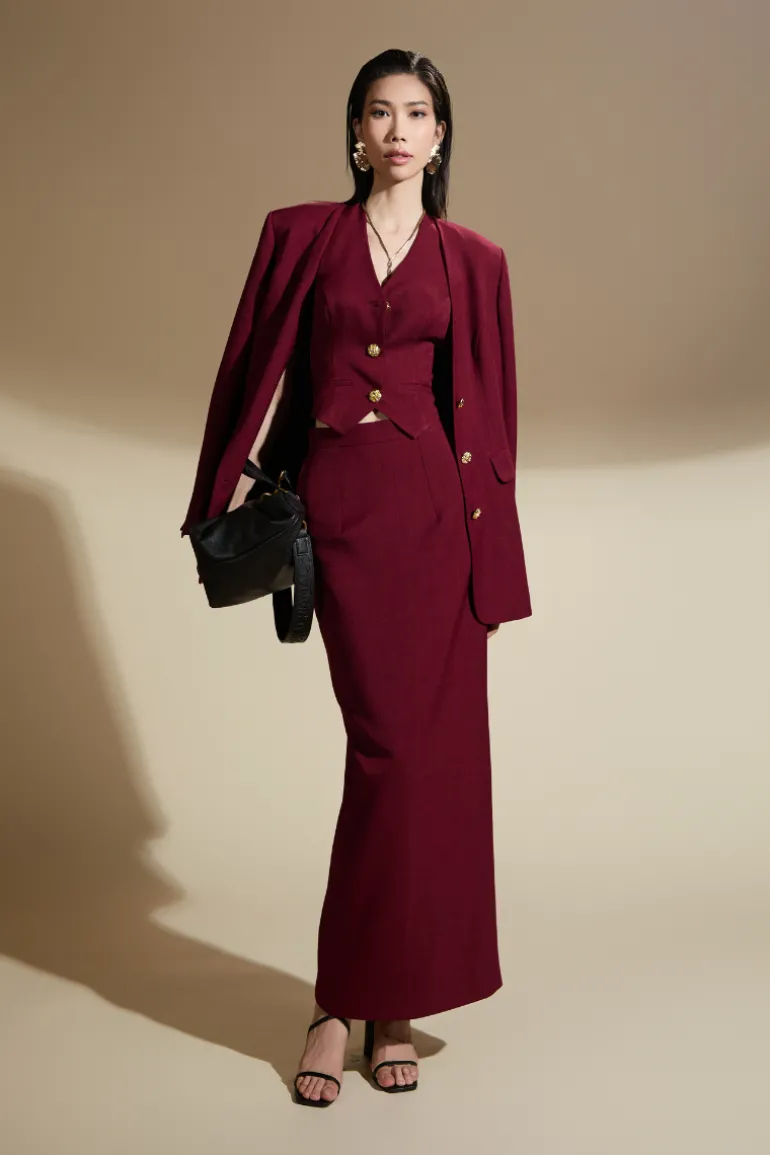 Outfit Sets<CULT MIA NORA STRAIGHT LAPELLESS COTTON BLEND VEST AND SKIRT SET Red