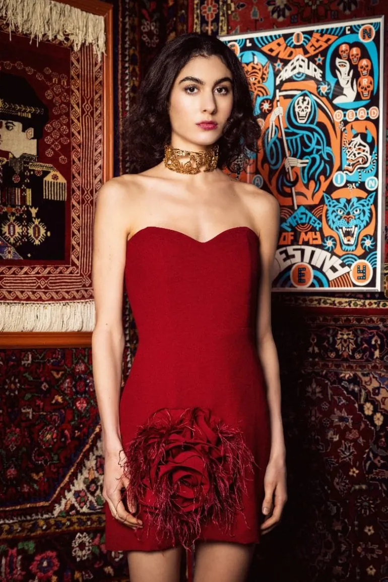 Dresses | Mini Dresses<CULT MIA NOUR STRAPLESS 3D FEATHER TRIMMED ROSE CREPE MINI DRESS Red