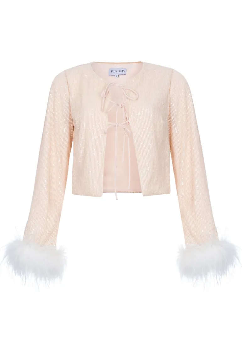 Tops<CULT MIA SEQUINED TOP WITH FEATHER CUFF Nude