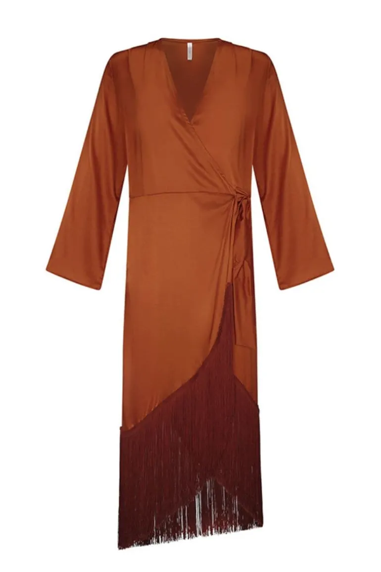 Dresses | Midi Dresses<CULT MIA SILK FRINGE WRAP MIDI DRESS Ocre