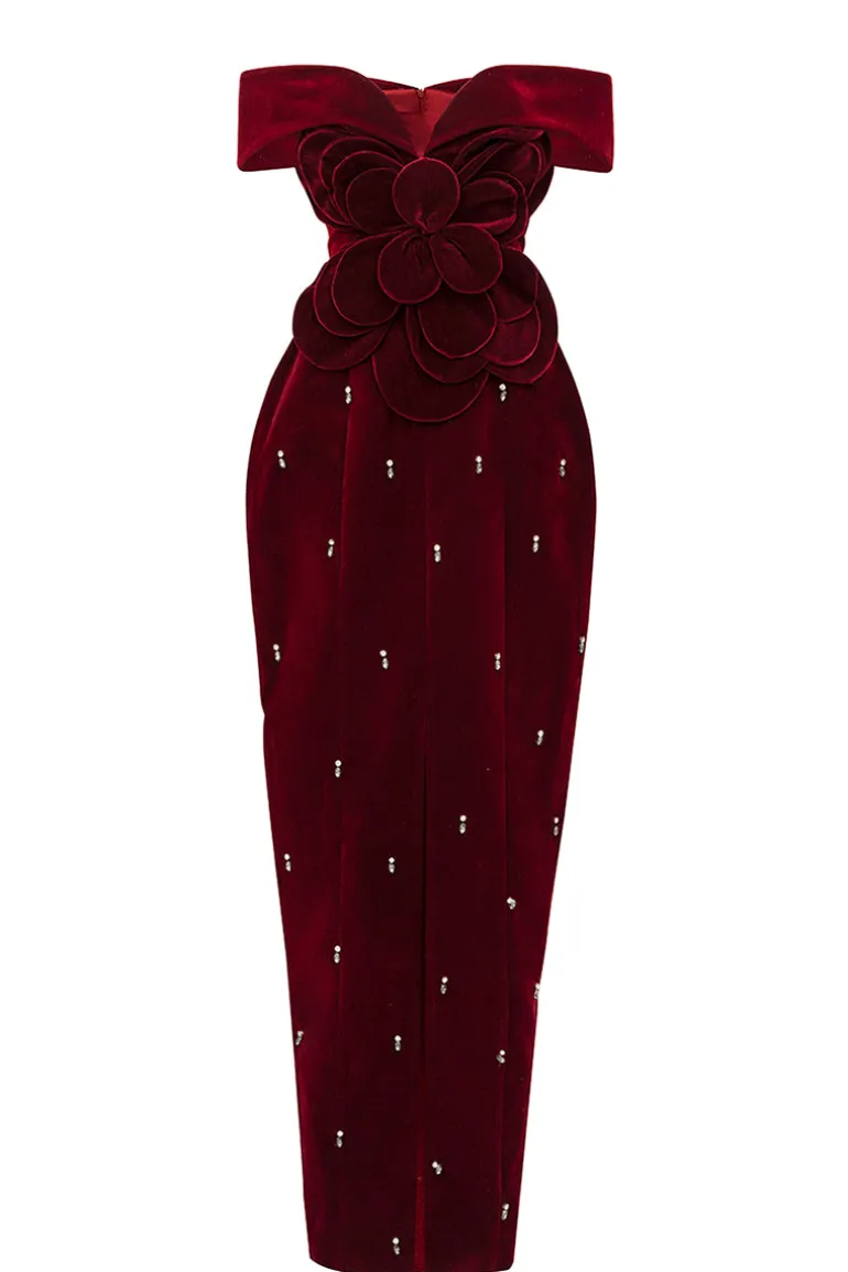 Dresses<CULT MIA OFF-SHOULDER VELVET FLORAL MAXI DRESS IN RED Burgundy Red