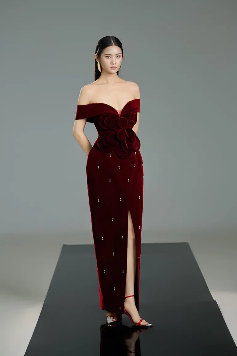 Dresses<CULT MIA OFF-SHOULDER VELVET FLORAL MAXI DRESS IN RED Burgundy Red