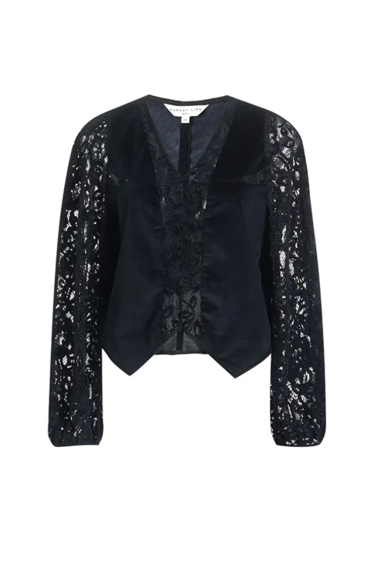 Tops<CULT MIA ÉOLIA LACE-TRIMMED V-NECK BLOUSE Night Blue