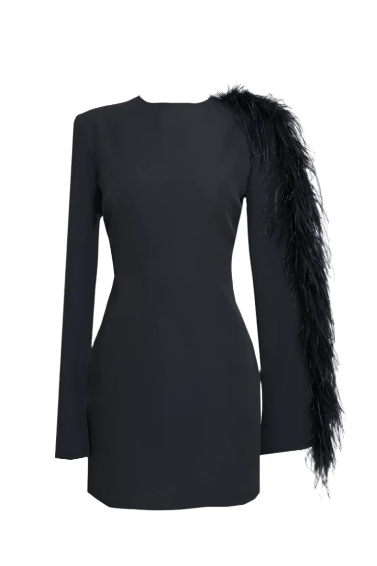 Dresses | Mini Dresses<CULT MIA ONE-SHOULDER FEATHER FULL-SLEEVE SHORT DRESS IN Midnight Black