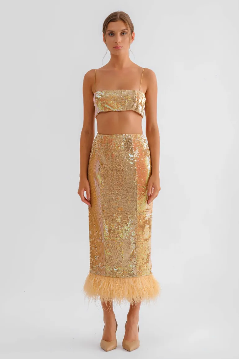 Skirts<CULT MIA SEQUIN MIDI SKIRT WITH FEATHERS Orange