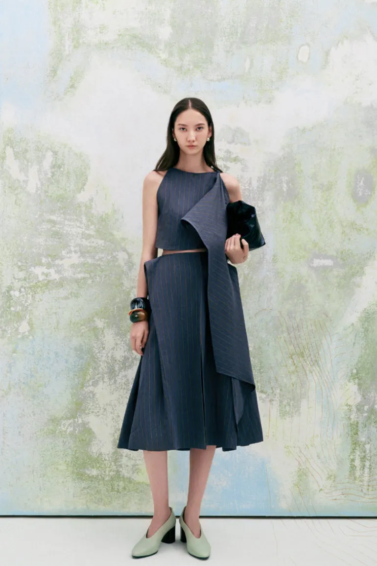 Skirts<CULT MIA PANSY A-LINE FRONT SLIT LINEN MIDI SKIRT Navy
