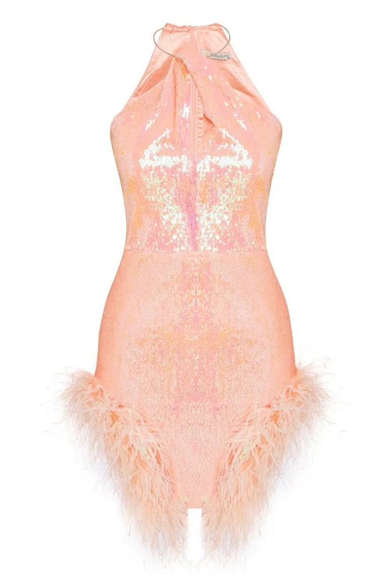 Dresses | Mini Dresses<CULT MIA FEATHER-TRIMMED HALTER NECK MINI DRESS Peach