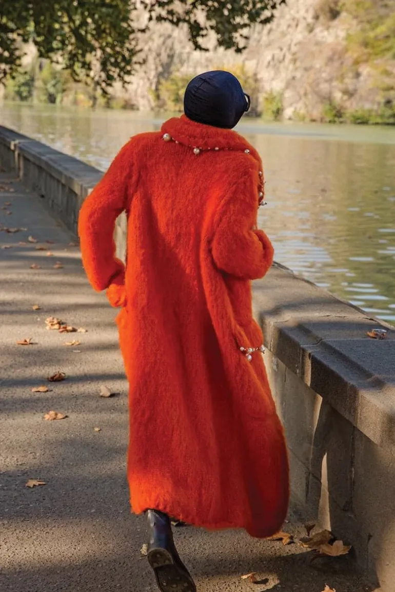 Coats<CULT MIA PEARL EMBROIDERED MOHAIR COAT Coral Red