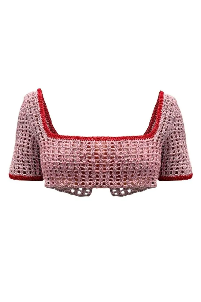 Tops<CULT MIA PINK AND RED CROCHET CROP TOP Pink/Red