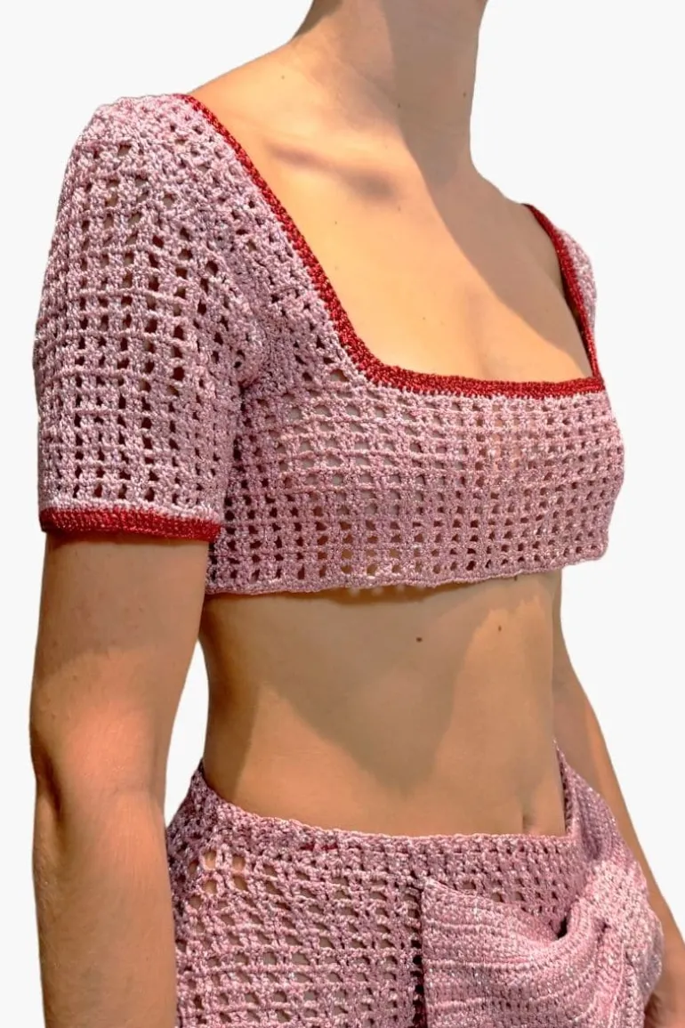 Tops<CULT MIA PINK AND RED CROCHET CROP TOP Pink/Red