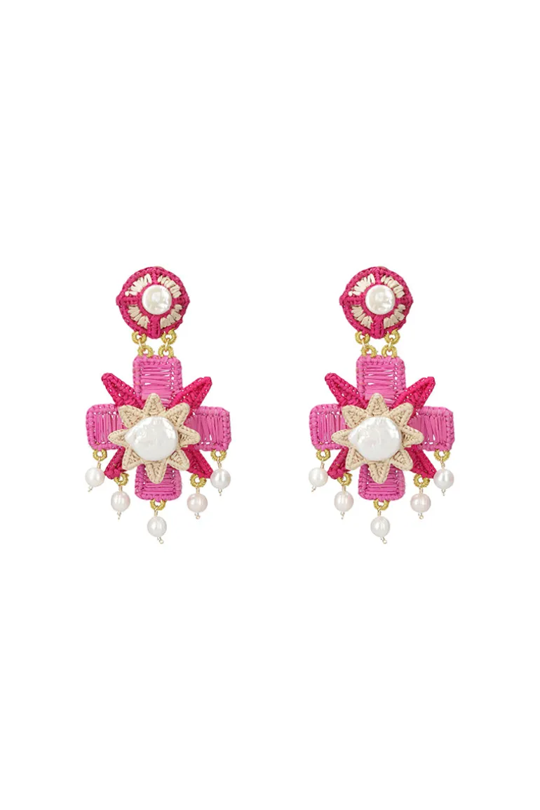 Earrings<CULT MIA PINK CROSS WOVEN RAFFIA EARRINGS Pink, Red and White