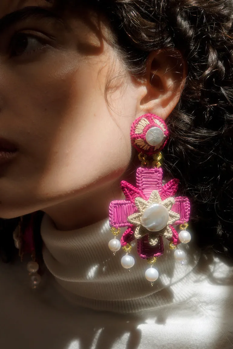 Earrings<CULT MIA PINK CROSS WOVEN RAFFIA EARRINGS Pink, Red and White