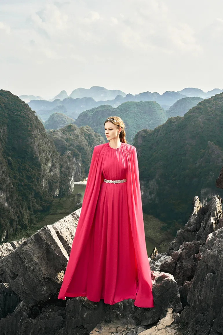 Dresses | Gowns<CULT MIA ROUND NECK GATHERED GOWN WITH STONE EMBELLISHED BELT Pink