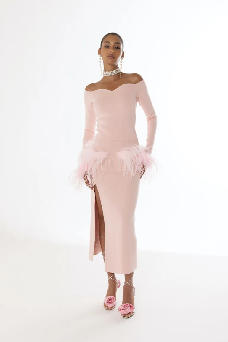 Skirts<CULT MIA VANILLA KNIT SKIRT WITH FEATHERS Pink
