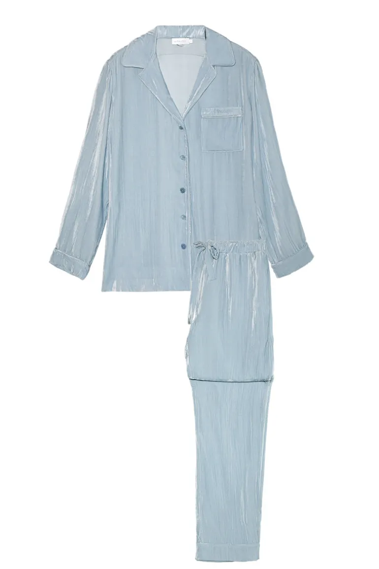 Sleep & Loungewear<CULT MIA PLEAT VELVET LOUNGE SET IN BLUE Dutch Canal
