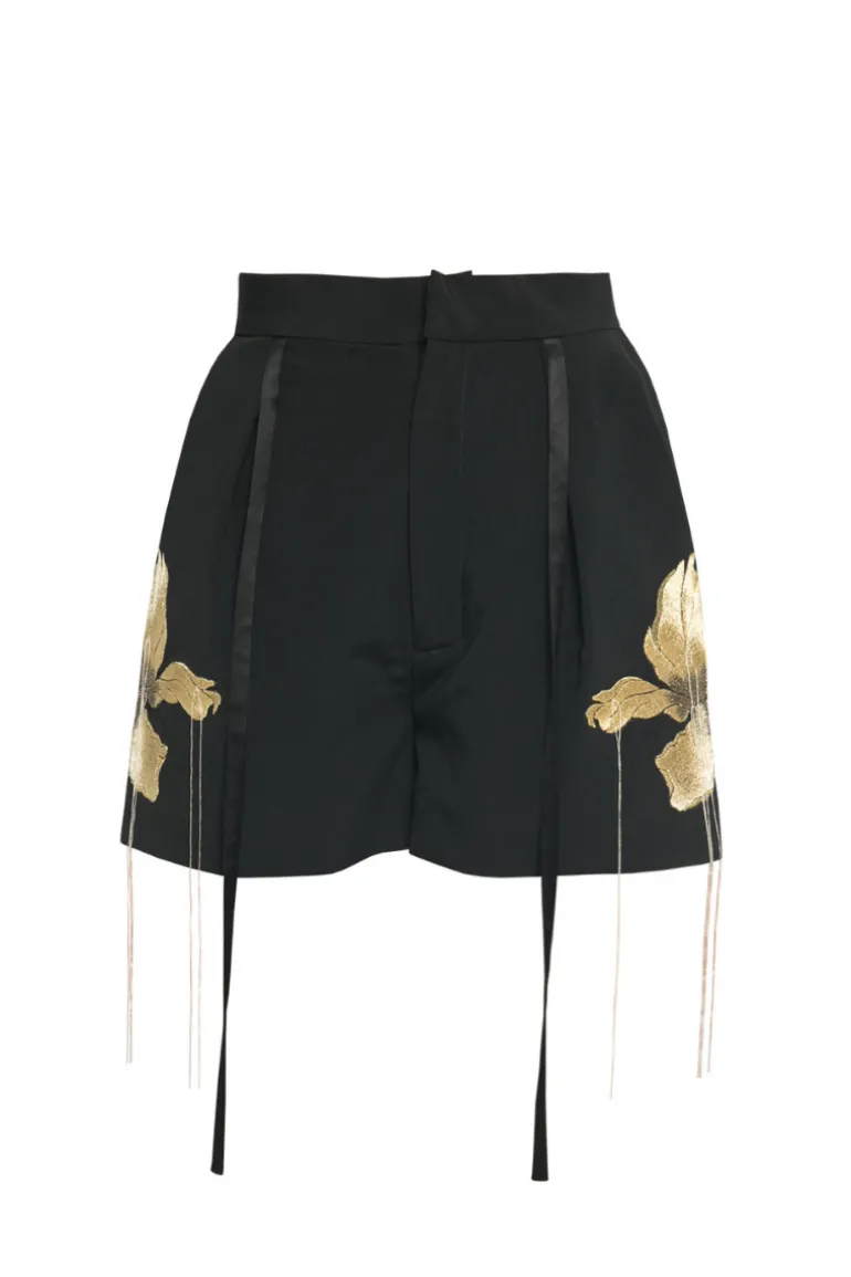 Pants<CULT MIA PLEATED EMBROIDERED BLACK SHORTS Black & Gold