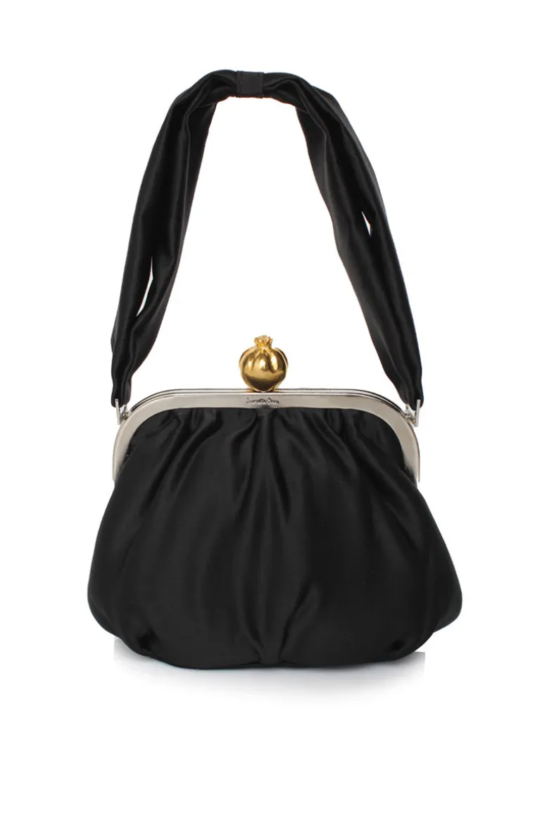 Shoulder Bags<CULT MIA POMEGRENATE ON BLACK SATIN BELLA HANDBAG Black & Gold