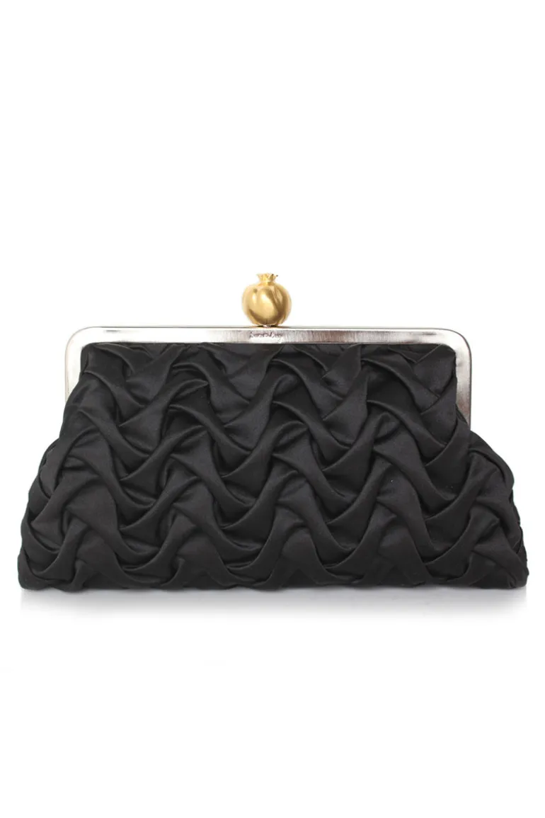 Clutch Bags<CULT MIA POMEGRENATE ON BLACK SATIN SMOCKING CLASSIC CLUTCH Black & Gold