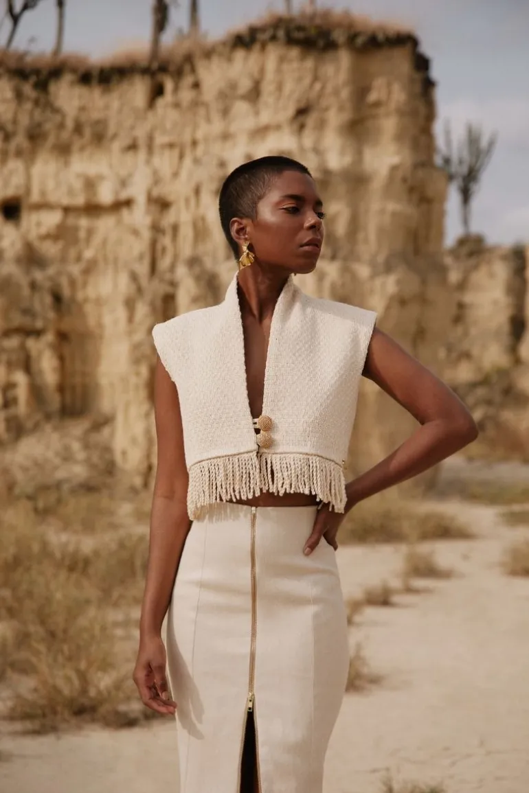 Knitwear<CULT MIA RAMONA CROPPED VEST WITH CROCHET FRINGES Beige fabric