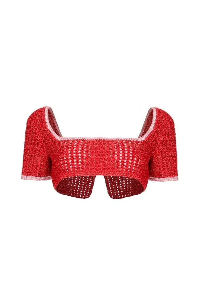 Tops<CULT MIA RED AND PINK CROCHET CROP TOP Red/Pink