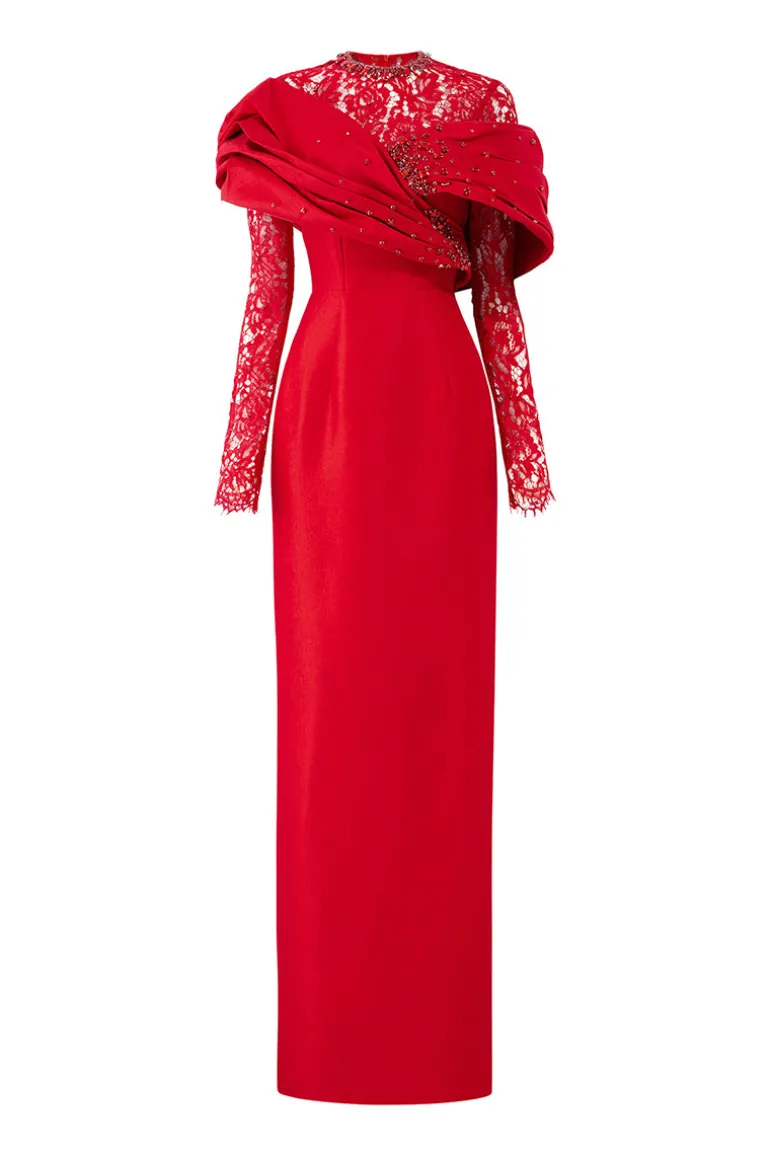 Dresses | Gowns<CULT MIA DRAPED SHOULDER TAFFETA GOWN WITH LONG LACE SLEEVES Red