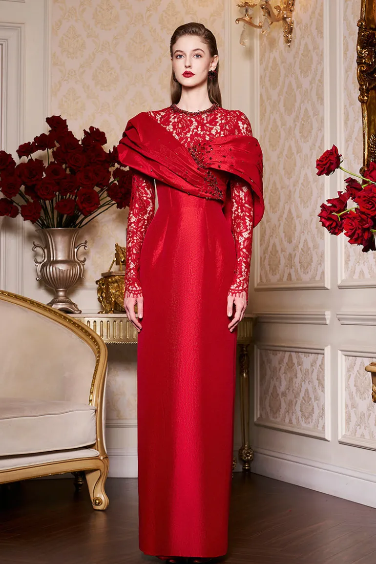 Dresses | Gowns<CULT MIA DRAPED SHOULDER TAFFETA GOWN WITH LONG LACE SLEEVES Red