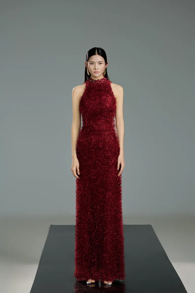 Dresses<CULT MIA RED FEATHER MAXI DRESS IN RED Burgundy Red