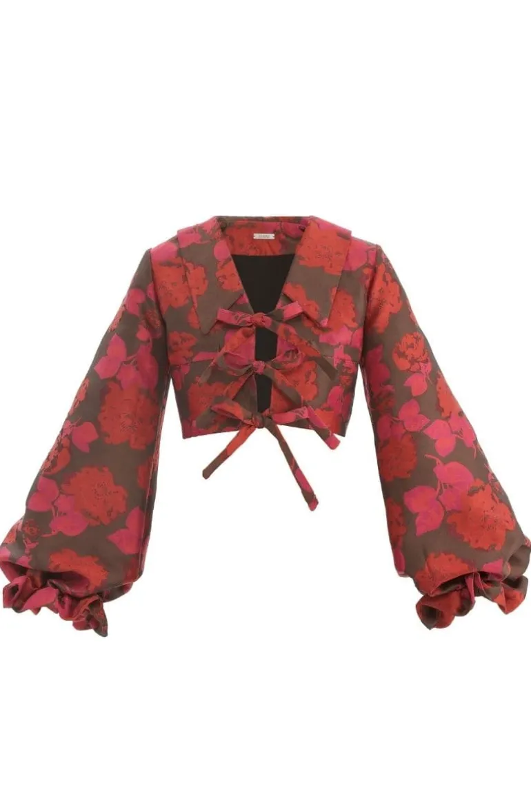 Tops<CULT MIA RED FLORAL PRINT CROPPED BOW BLOUSE Red/Pink/Brown