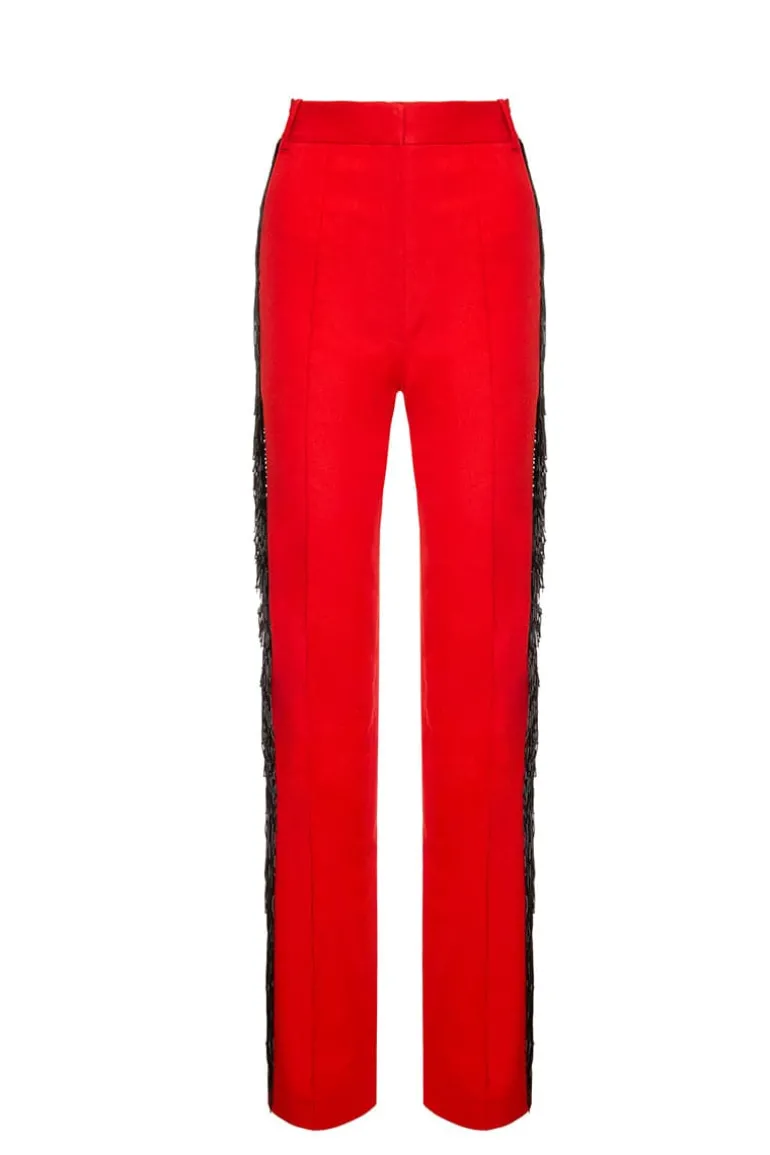 Pants<CULT MIA GABARDINE PANTS WITH BEADED FRINGE Red