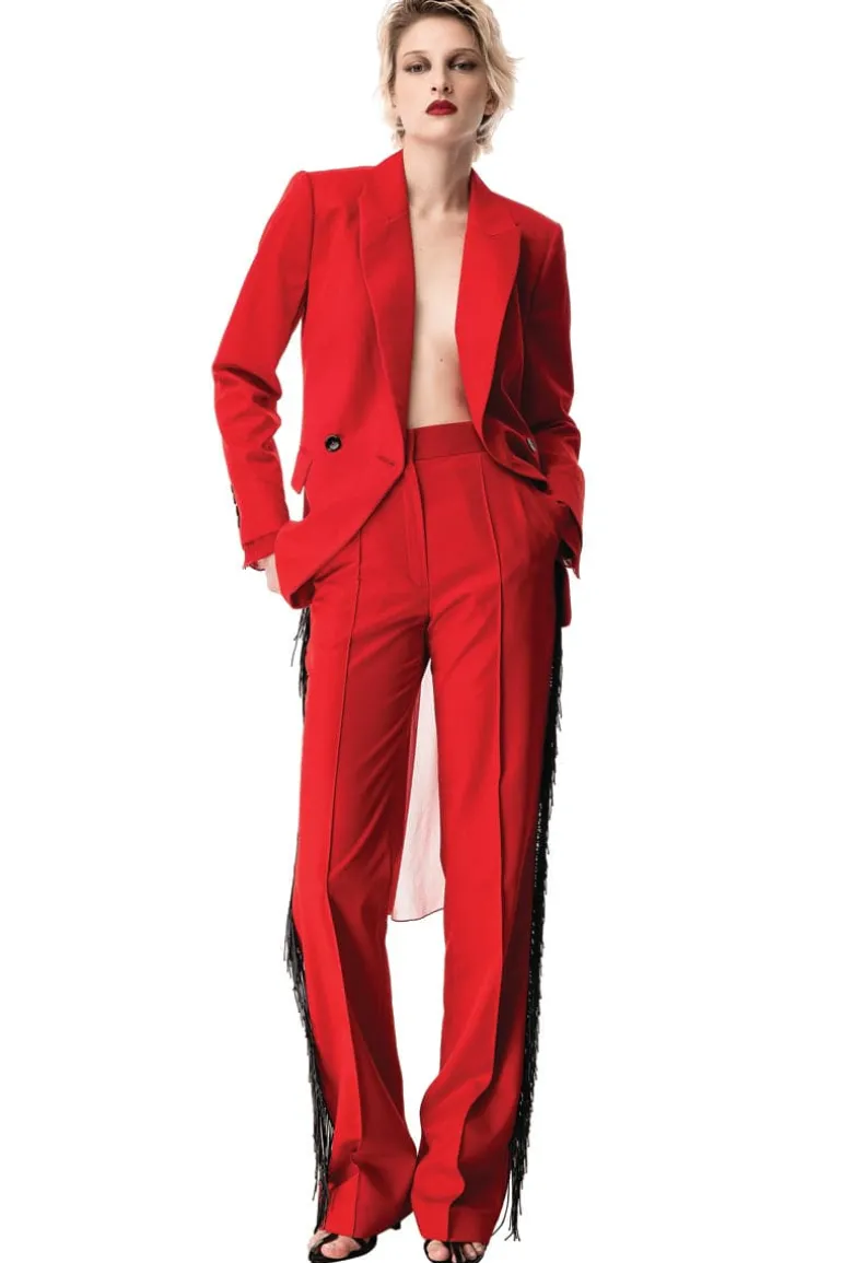Pants<CULT MIA GABARDINE PANTS WITH BEADED FRINGE Red